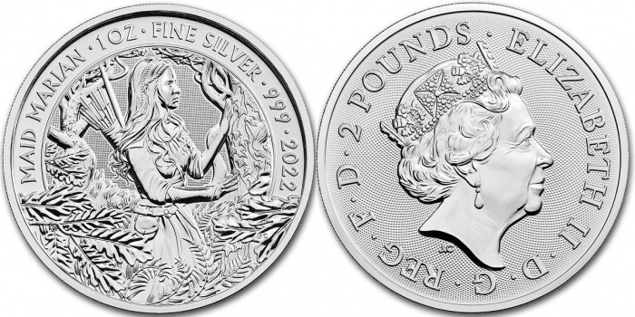 (2022) Монета Великобритания 2022 год 2 фунта &quot;Дева Мариан&quot;  Серебро Ag 999  PROOF