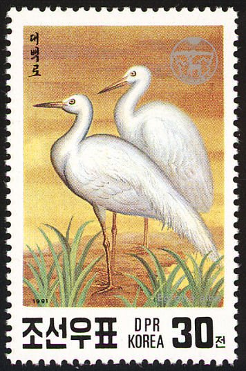 (1991-012) Марка Северная Корея &quot;Большая белая цапля&quot;   Редкие виды птиц III Θ