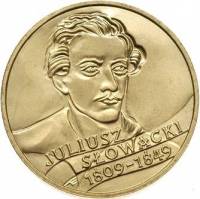 023 Монета Польша 1999 год 2 злотых Юлиуш Словацкий  Латунь  UNC
