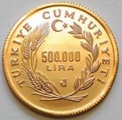 () Монета Турция 1991 год 500000 лир ""  Биметалл (Платина - Золото)  UNC