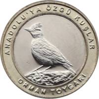 (2019) Монета Турция 2019 год 1 куруш "Лесной жаворонок" Внешнее кольцо жёлтое Биметалл  UNC
