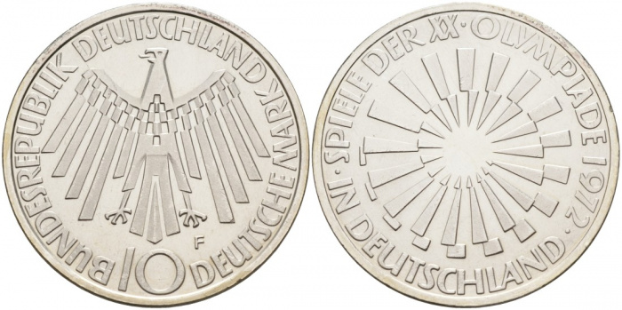 (1972f) Монета Германия (ФРГ) 1972 год 10 марок &quot;XX Летняя Олимпиада Мюнхен 1972 Эмблема&quot;  Серебро A