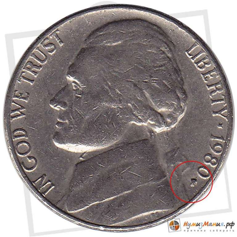 (1980p) Монета США 1980 год 5 центов   Томас Джефферсон Медь-Никель  VF