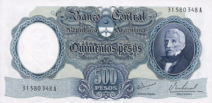 (№1964P-278b) Банкнота Аргентина 1964 год &quot;500 Pesos&quot; (Подписи: Ianella- Real)