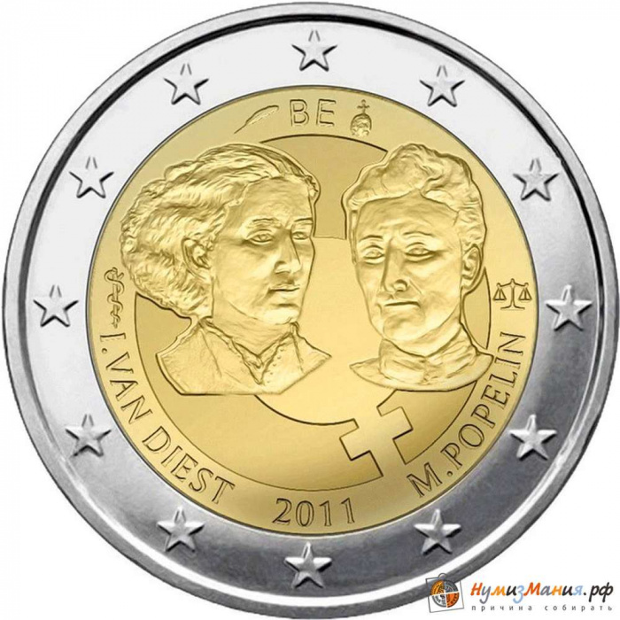 (008) Монета Бельгия 2011 год 2 евро &quot;Международный женский день. 100 лет&quot;  Биметалл  UNC