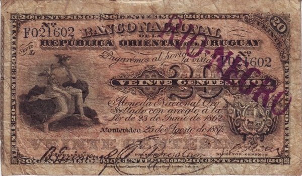 (№1887P-A88c.3) Банкнота Уругвай 1887 год &quot;20 Centeacute;simos&quot;