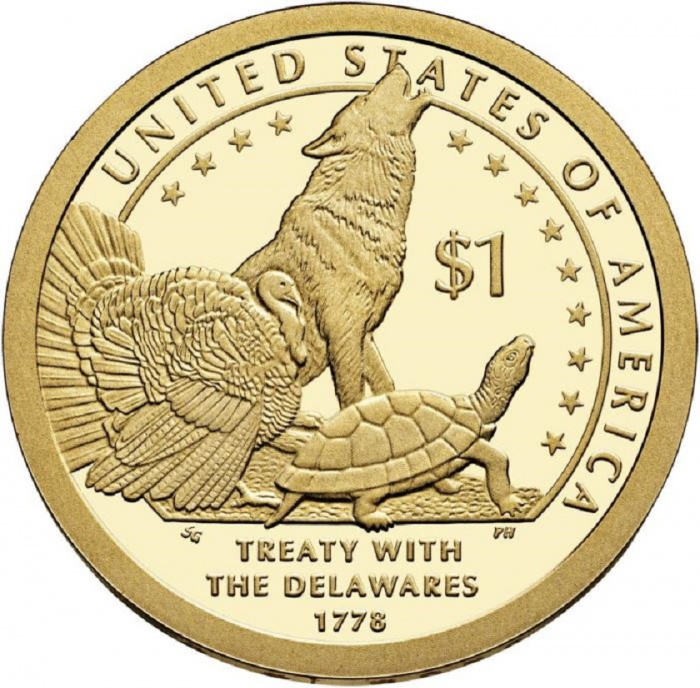 (2013p) Монета США 2013 год 1 доллар &quot;Договор с делаварами&quot;  Сакагавея Латунь  UNC