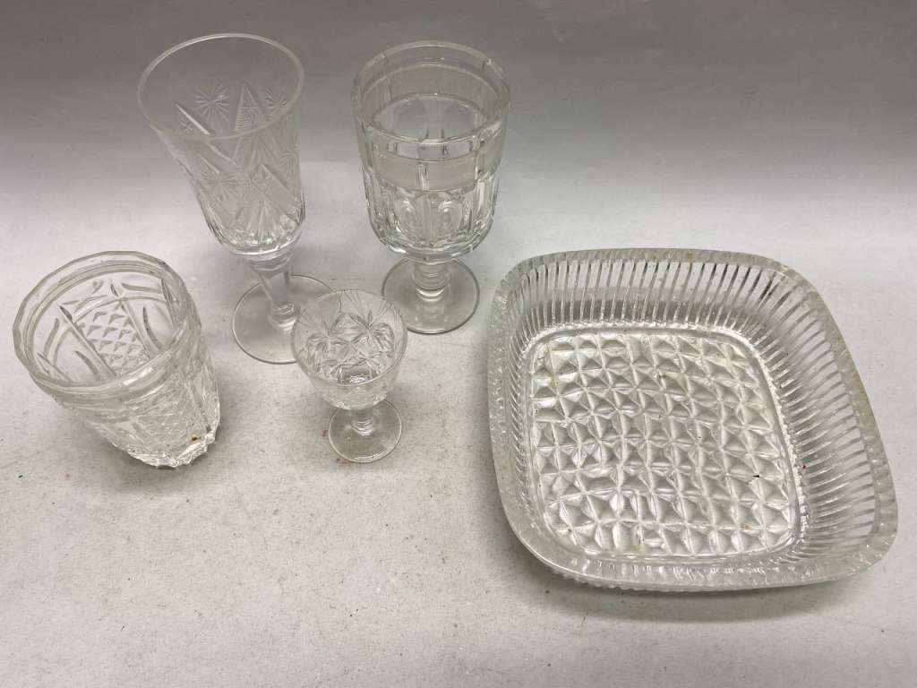 Салатник фруктовница, стакан, рюмка и 2 бокала хрусталь