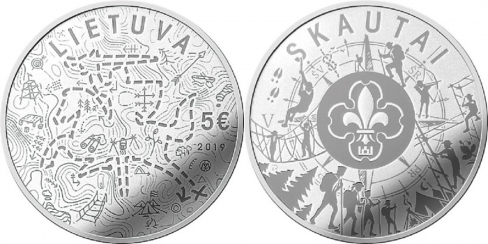 (2019) Монета Литва 2019 год 5 евро &quot;Скаутское движение&quot;  Серебро Ag 925  PROOF