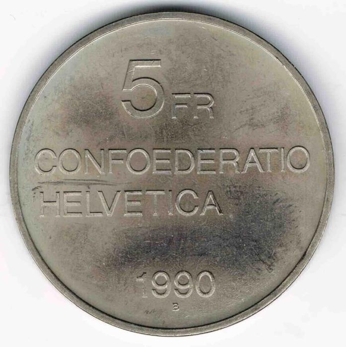 (1990) Монета Швейцария 1990 год 5 франков &quot;Готфрид Келлер&quot;  Медь-Никель  UNC