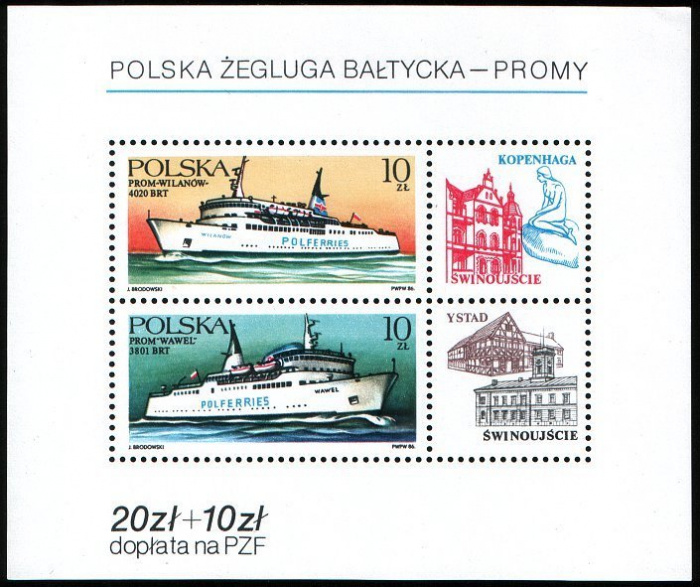(1986-021) Блок марок Польша &quot;Морские паромы 'Виланове' и 'Вавель'&quot;    Польское Балтийское судоходст