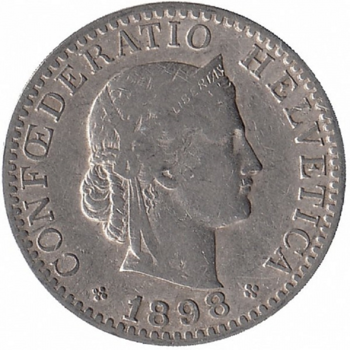 (1898) Монета Швейцария 1898 год 5 раппенов   Медь-Никель  VF