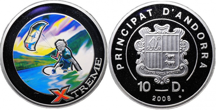 (2008) Монета Андорра 2008 год 10 динеров &quot;Кайтсёрфинг&quot;  Серебро Ag 925  PROOF