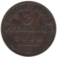 Монета Пруссия 1852 год 3 пфеннига (1/120 талера) А, VF
