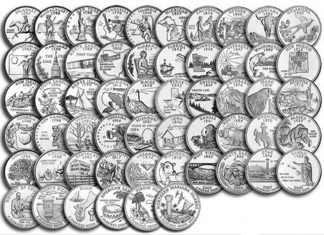 56 монет Набор монет США 1999 год 25 центов Штаты и Территории 1999-2009 годы    UNC