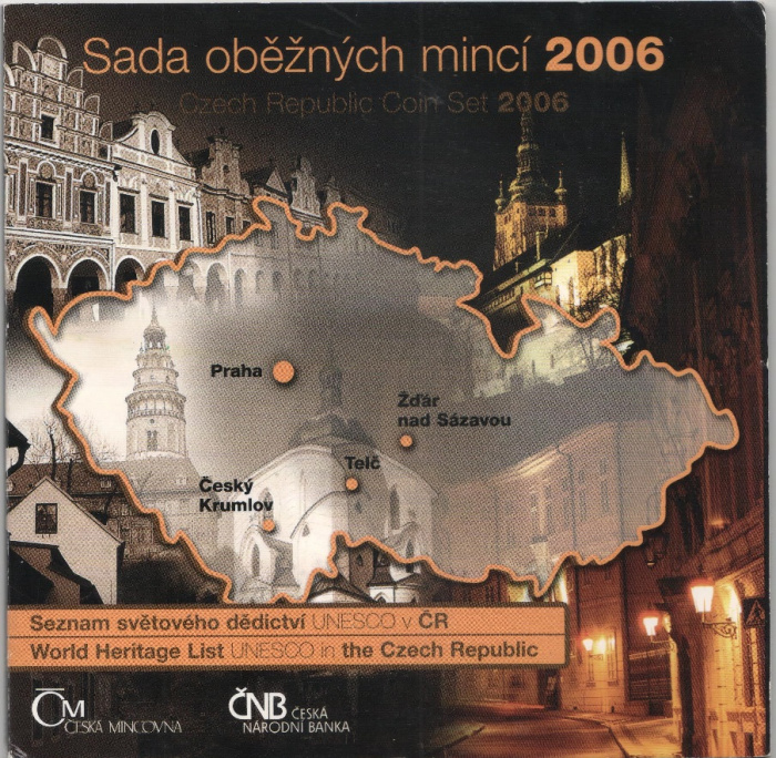 (2006, 7 монет + жетон) Набор монет Чехия 2006 год &quot;Всемирное наследие ЮНЕСКО&quot;   Буклет