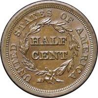 (1853) Монета США 1853 год 1/2 цента    XF