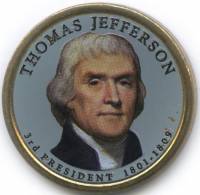 (03d) Монета США 2007 год 1 доллар "Томас Джефферсон"  Вариант №1 Латунь  COLOR. Цветная