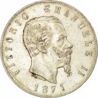 (1871 M) Монета Италия 1871 год 5 лир "Виктор Эммануил II"  Серебро Ag 900  VF