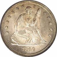 (1840o, с драпировкой) Монета США 1840 год 25 центов  1. Без девиза над орлом Серебро Ag 900  UNC
