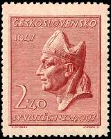 (1947-008) Марка Чехословакия "Св. Альберт (Красная)"    950-я годовщина смерти Св. Адальберта III Θ