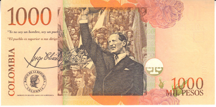 (,) Банкнота Колумбия 2001 год 1 000 песо &quot;Хорхе Эльесер Гайтан&quot;   UNC