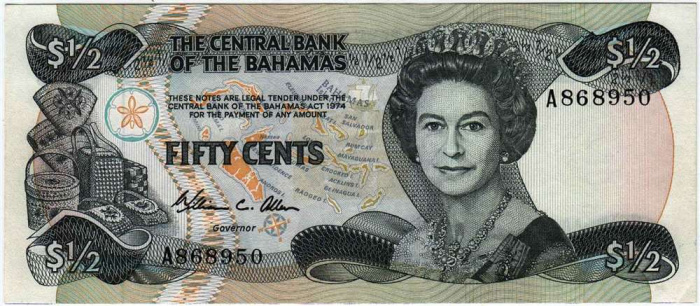 () Банкнота Багамские острова 1974 год 0,5  &quot;&quot;   UNC