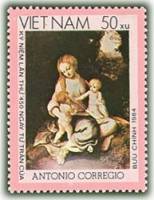 (1984-117a) Марка Вьетнам "Мадонна с детьми"  Без перфорации  450 лет со дня смерти Антонио Корреджо