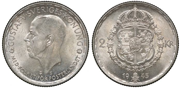 (1943g) Монета Швеция 1943 год 2 кроны &quot;Густав V&quot;  Серебро Ag 400  UNC