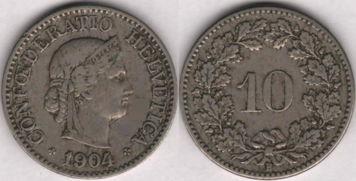 (1904) Монета Швейцария 1904 год 10 раппенов   Медь-Никель  VF