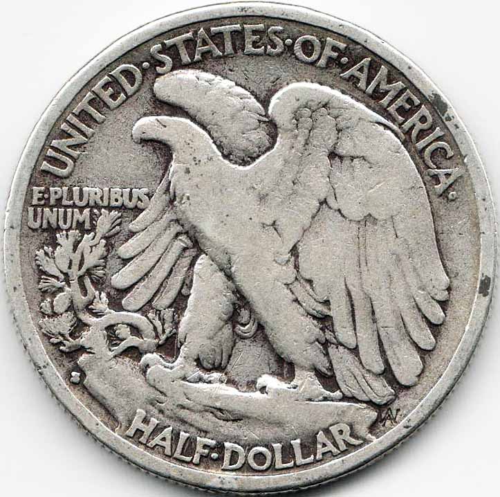 (1929s) Монета США 1929 год 50 центов   Шагающая Свобода. Орлан на скале Серебро Ag 900  VF