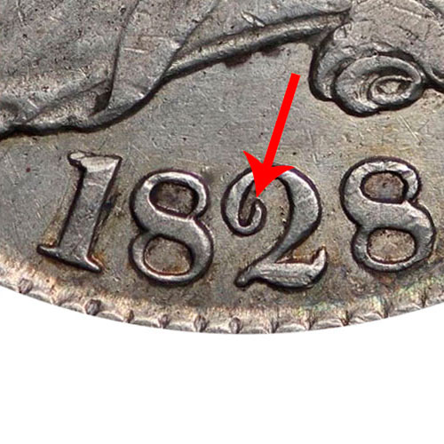 (1828, 2 осн. волной без &quot;бусины&quot;) Монета США 1828 год 50 центов  2. Изменённый портрет  Серебро Ag 
