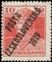 (1919-157) Марка Чехословакия "Карл IV (Красная)"    Марки Австрии и Венгрии, с черной или синей печ