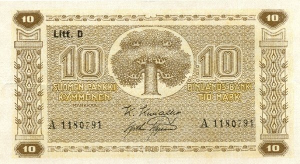 (1939 Litt D) Банкнота Финляндия 1939 год 10 марок  Kivialho - Aspelund  UNC