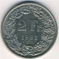 (№1982km21a.2) Монета Швейцария 1982 год 2 Francs (Медаль выравнивание, 22 звезд)