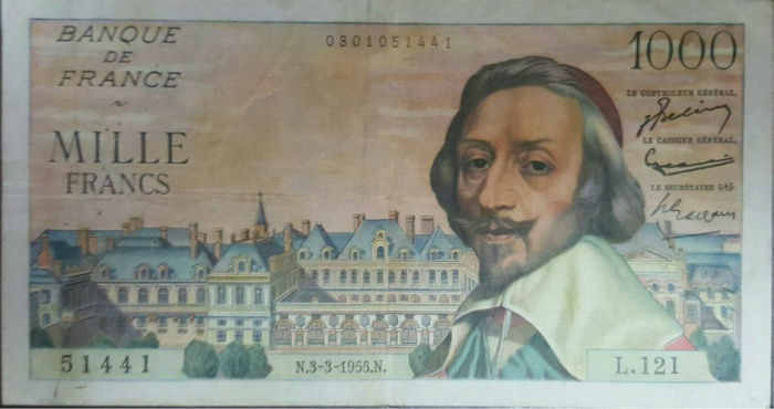 (№1955P-134a.4) Банкнота Франция 1955 год &quot;1,000 Francs&quot; (Подписи: J)
