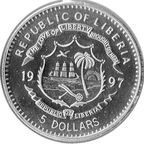 (1997) Монета Либерия 1997 год 5 долларов &quot;Тигр&quot;  Медь-Никель  PROOF