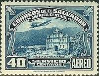 (№1937-546) Марка Сальвадор 1937 год "Самолет над Церковью Панчималько", Гашеная