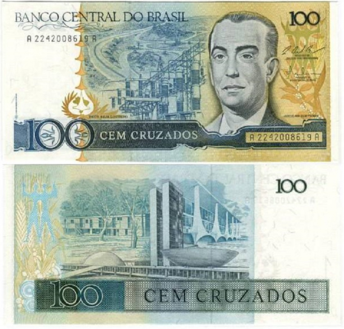 (1986-1988) Банкнота Бразилия 1986-1988 год 100 крузадо &quot;Жуселину Кубичек&quot;   UNC