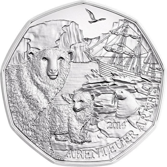 (026, Ag) Монета Австрия 2014 год 5 евро &quot;Приключения в Арктике&quot;  Серебро Ag 800  Буклет
