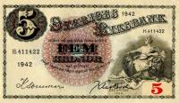 (,) Банкнота Швеция 1942 год 5 крон "Густав I Васа"   UNC