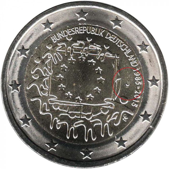 (016) Монета Германия (ФРГ) 2015 год 2 евро &quot;30 лет флагу Европы&quot; Двор J Биметалл  UNC