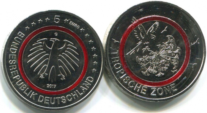 (2017g) Монета Германия (ФРГ) 2017 год 5 евро &quot;Тропическая зона&quot;  Красный полимер Медь-Никель  UNC