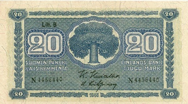 (1945 Litt B) Банкнота Финляндия 1945 год 20 марок  Kivialho - Kilpinen  UNC