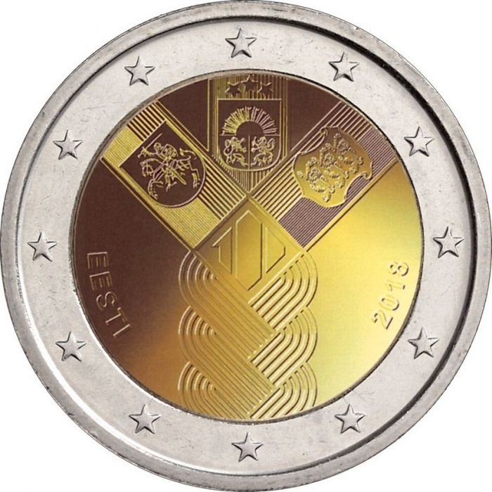 (005) Монета Эстония 2018 год 2 евро &quot;100 лет независимости Прибалтики&quot;  Биметалл  UNC