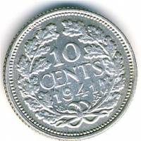 (1941) Монета Нидерланды (Голландия) 1941 год 10 центов "Королева Вильгельмина"  Серебро Ag 640  UNC