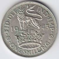 (1943) Монета Великобритания 1943 год 1 шиллинг "Георг VI"  Английский герб Серебро Ag 500  XF