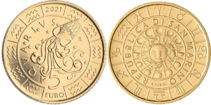 (2021) Монета Сан-Марино 2021 год 5 евро &quot;Водолей&quot;  Латунь  UNC