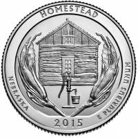 026s, Ag Монета США 2015 год 25 центов Гомстед  Серебро Ag 900  PROOF