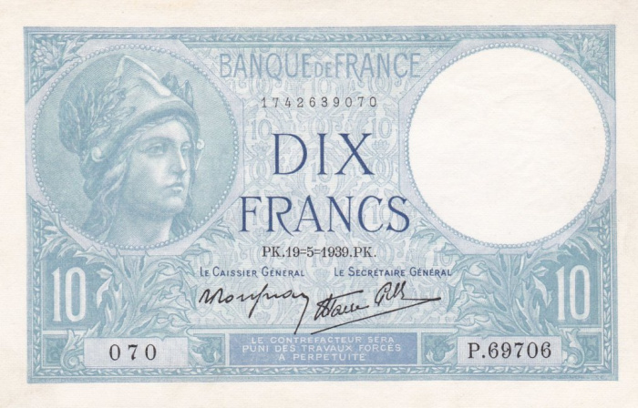 (№1939P-84a.1) Банкнота Франция 1939 год &quot;10 Francs&quot;